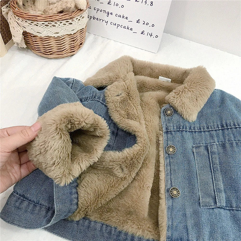 Girls Fleece-Lined Denim Jacket with Faux Fur Collar – Warm Winter Coat (1–6 Years)