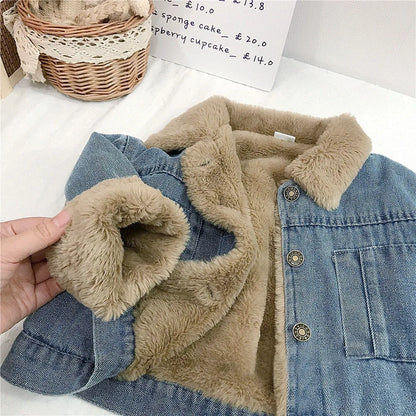 Girls Fleece-Lined Denim Jacket with Faux Fur Collar – Warm Winter Coat (1–6 Years)