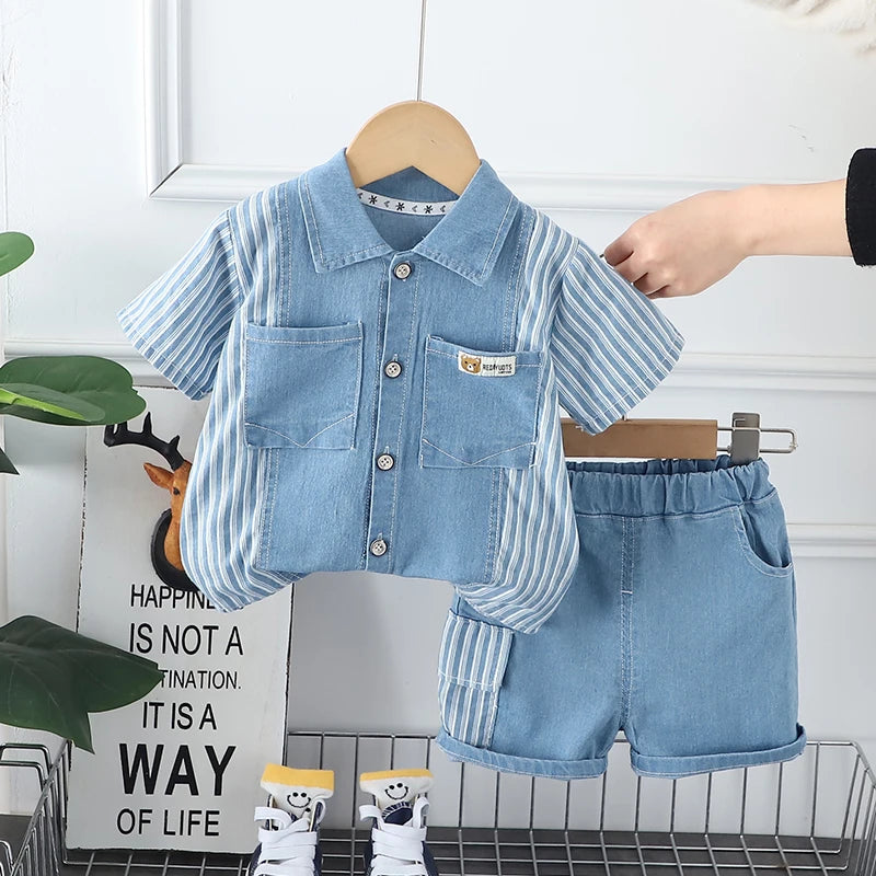 Striped Denim Button-Up Shirt & Shorts Set for Toddlers