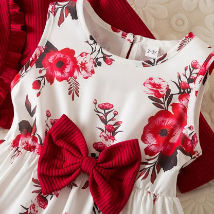 Floral Bow Dress & Ruffle-Trim Cardigan Set for Girls
