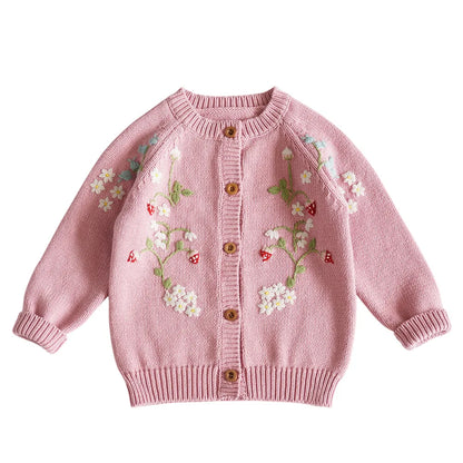 Baby & Toddler Girls Cotton Knit Cardigan (2–6 Years) – Button-Front Sweater with Duck Embroidery