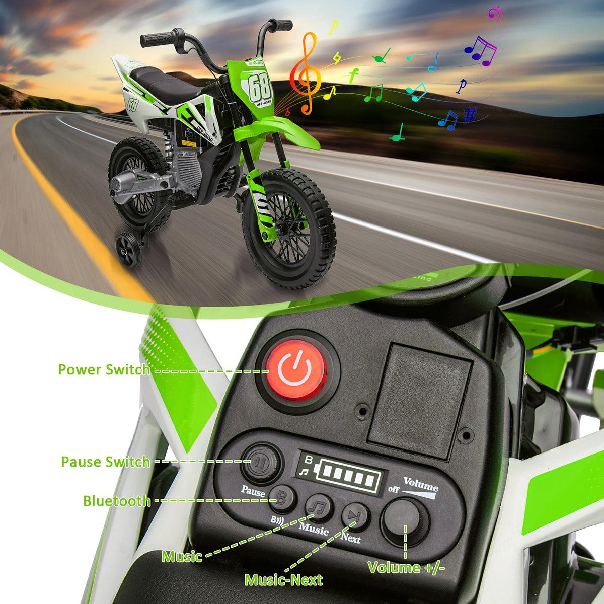 12V Electric Dirt Bike for Kids with Training Wheels & Bluetooth