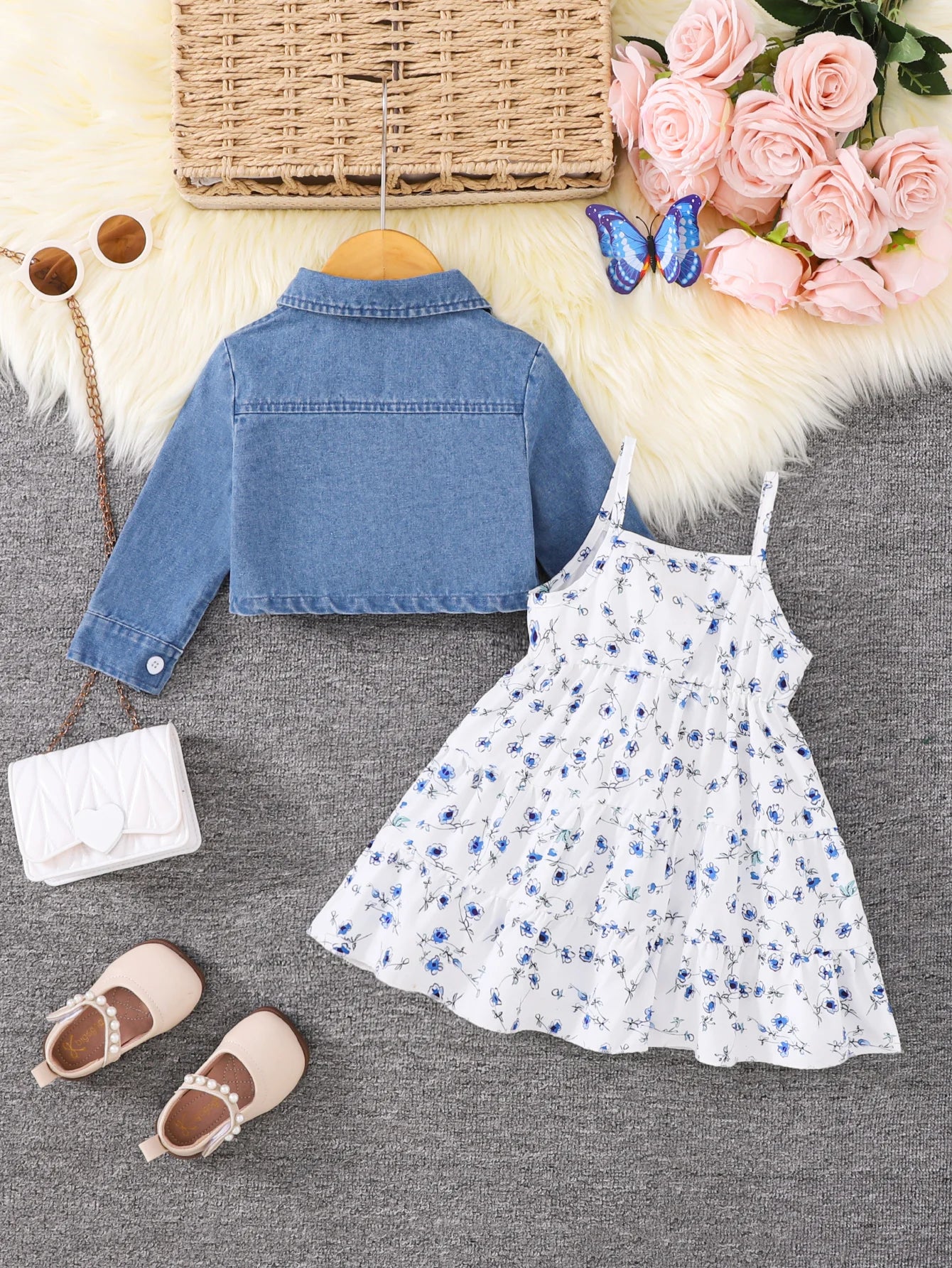 baby girl denim dress Cropped Denim Jacket & Blue Floral Tiered Dress Set