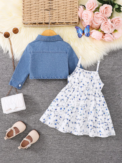Cropped Denim Jacket & Blue Floral Tiered Dress Set | Baby Girl Two-Piece Spring Outfit