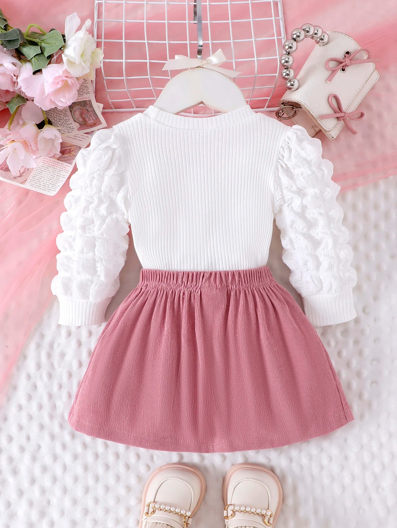 Heart Textured Top & Bow Skirt Set – 2-Piece Puff Sleeve Outfit for Girls