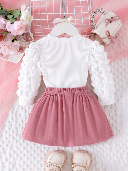 Heart Textured Top & Bow Skirt Set – 2-Piece Puff Sleeve Outfit for Girls