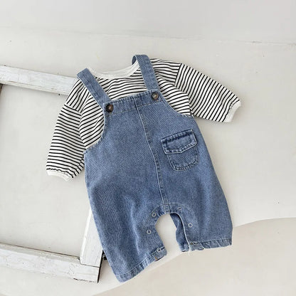 Striped Layering Tee & Denim Shortall Romper Set