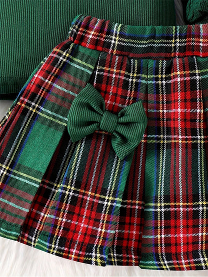 Festive Plaid Skirt & Textured Sleeve Christmas Outfit Set for Baby Girls