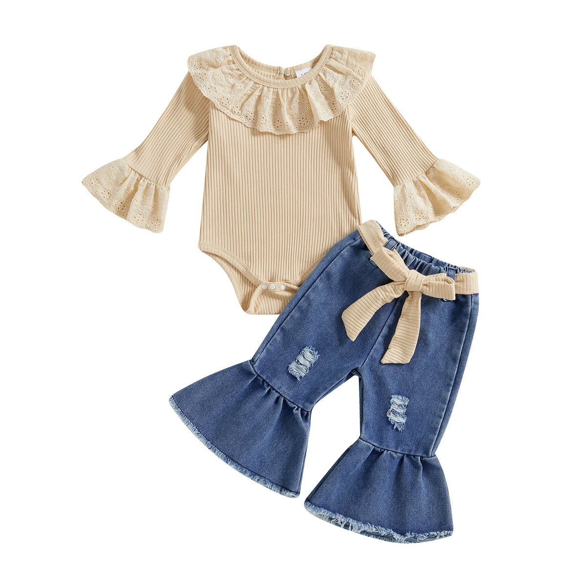 Eyelet Ruffle Romper & Flared Denim Pants Set for Baby Girls