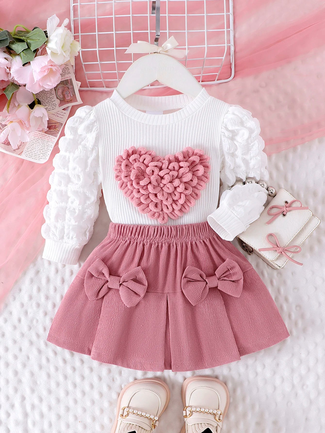 Heart Textured Top & Bow Skirt Set – 2-Piece Puff Sleeve Outfit for Girls