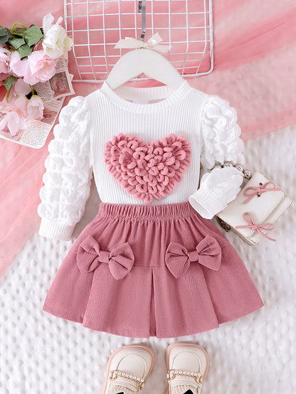 Heart Textured Top & Bow Skirt Set – 2-Piece Puff Sleeve Outfit for Girls