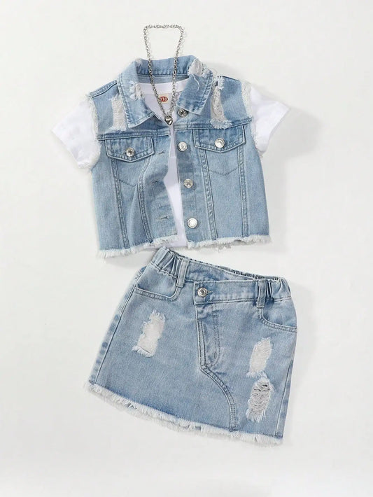 Distressed Denim Vest & Skirt Set for Girls | Trendy Two-Piece Outfit for Kids