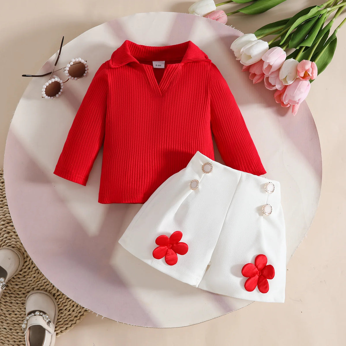 Floral Appliqué Ribbed Top & Pleated Shorts Set for Girls