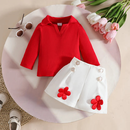 Floral Appliqué Ribbed Top & Pleated Shorts Set for Girls