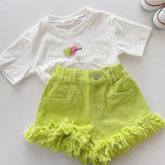 Fringe Hem High-Waisted Denim Shorts for Girls