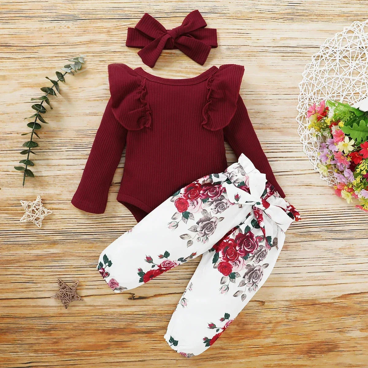 Ruffle-Sleeve Bodysuit, Printed Pants & Bow Headband Set for Baby Girls