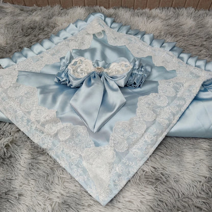 Lace-Trim Satin Baby Swaddle Blanket with Floral Bow