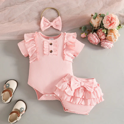 Ruffle-Sleeve Bodysuit, Printed Pants & Bow Headband Set for Baby Girls