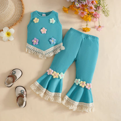 Floral Appliqué Ribbed Top & Pleated Shorts Set for Girls