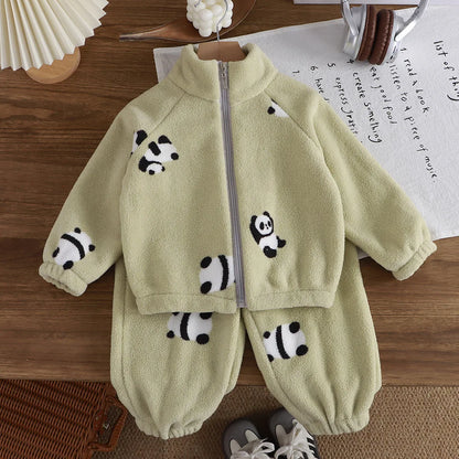 Cozy Fleece Two-Piece Lounge Set for Babies & Toddlers – Plush Cartoon Top + Matching Pants