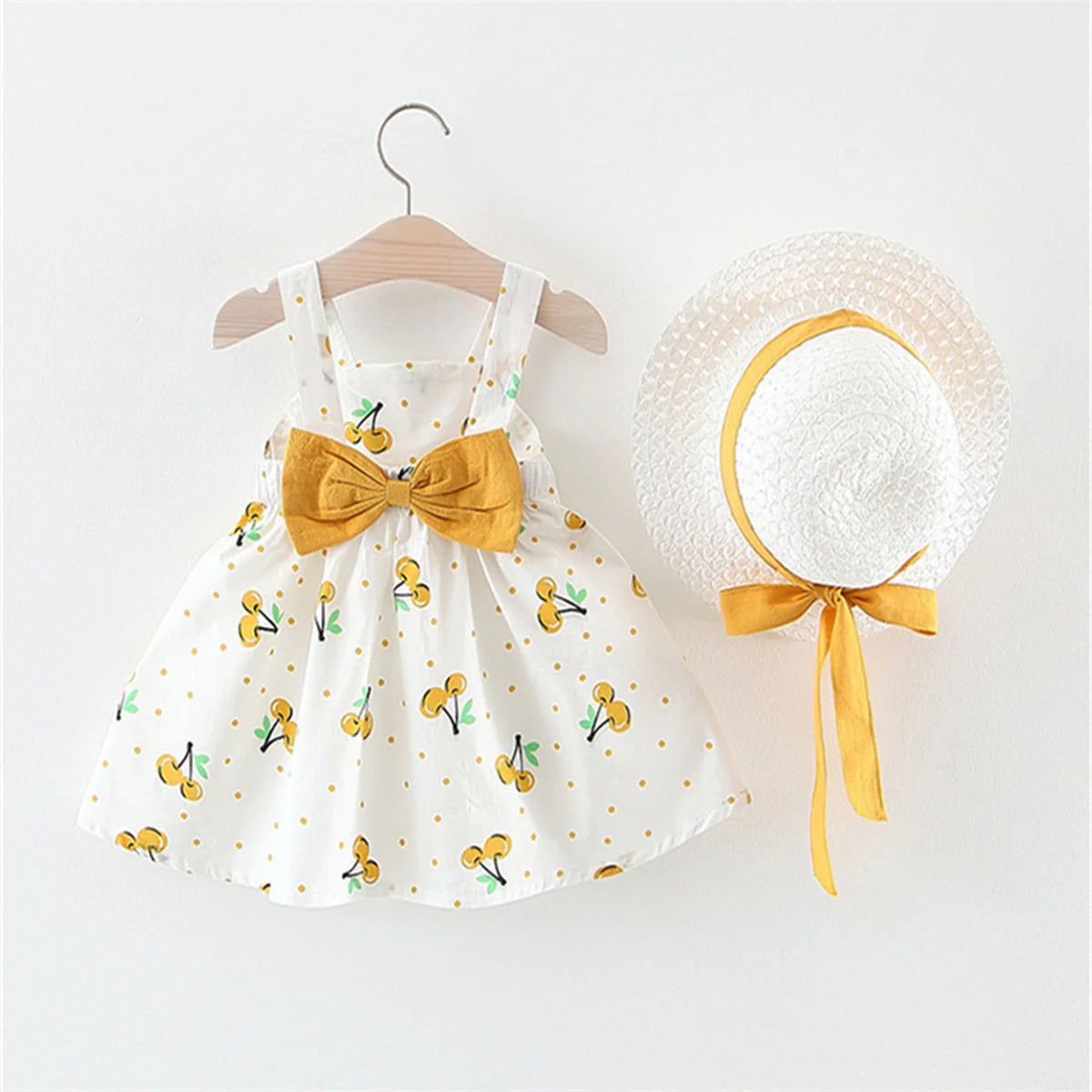 Cherry Picnic Bow Sundress & Ribbon Sun Hat Set for Baby Girls