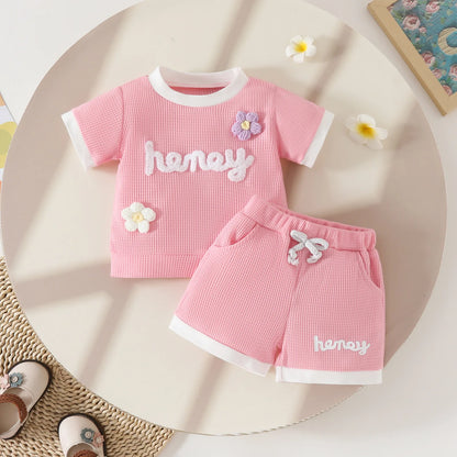 Floral Appliqué Ribbed Top & Pleated Shorts Set for Girls