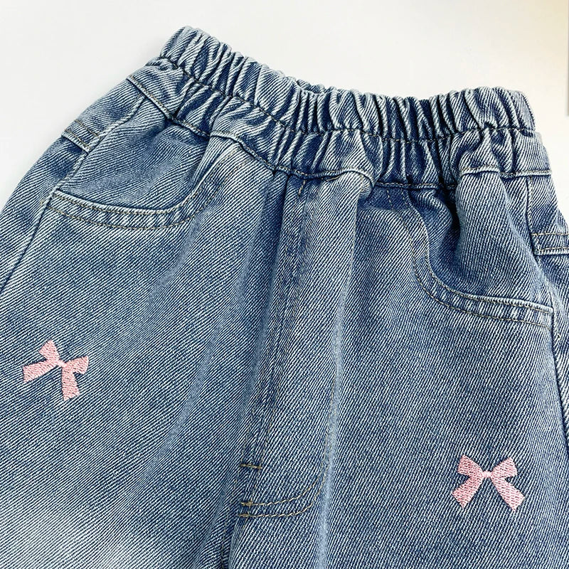 Pink Bow Wide-Leg Denim Jeans for Girls