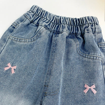 Pink Bow Wide-Leg Denim Jeans for Girls
