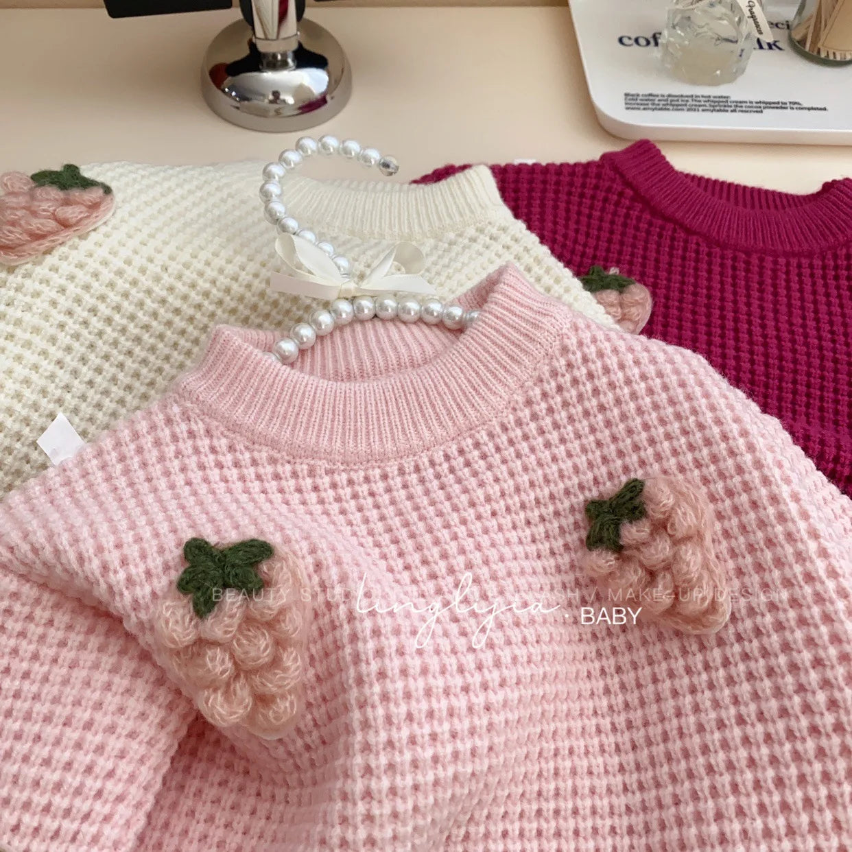 Girls Strawberry Knit Sweater – Cozy Textured Pullover (2–7 Years), Round Neck