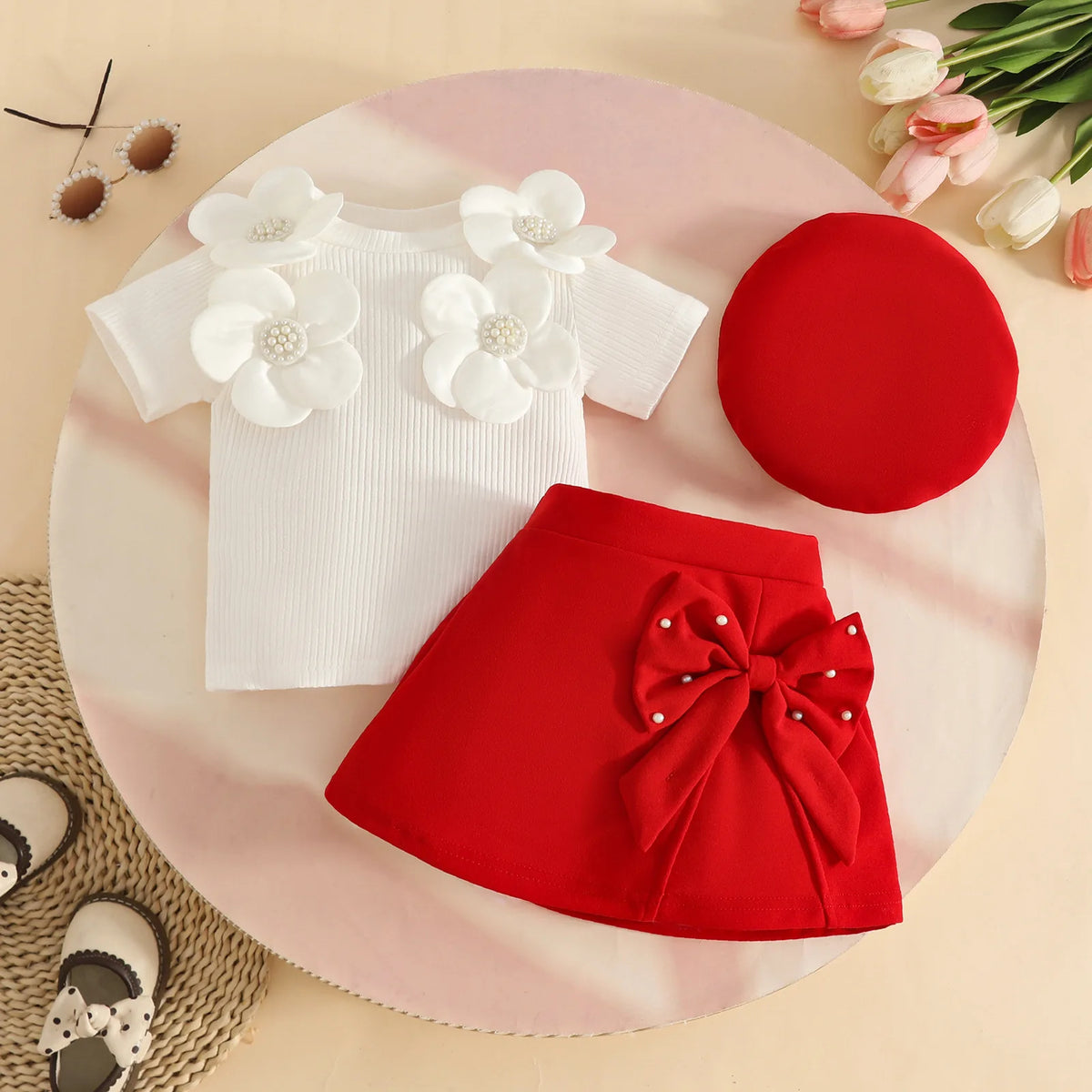 Floral Appliqué Ribbed Top & Pleated Shorts Set for Girls