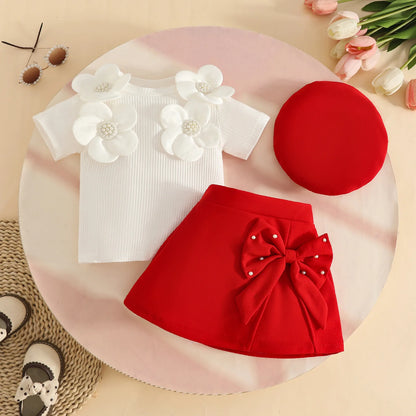Floral Appliqué Ribbed Top & Pleated Shorts Set for Girls