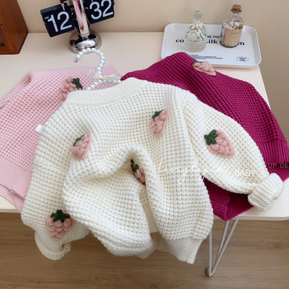 Girls Strawberry Knit Sweater – Cozy Textured Pullover (2–7 Years), Round Neck
