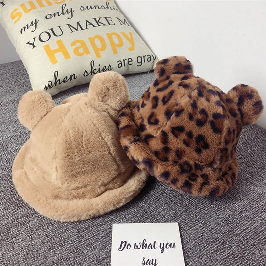 Plush Bear-Ear Winter Bucket Hat for Girls