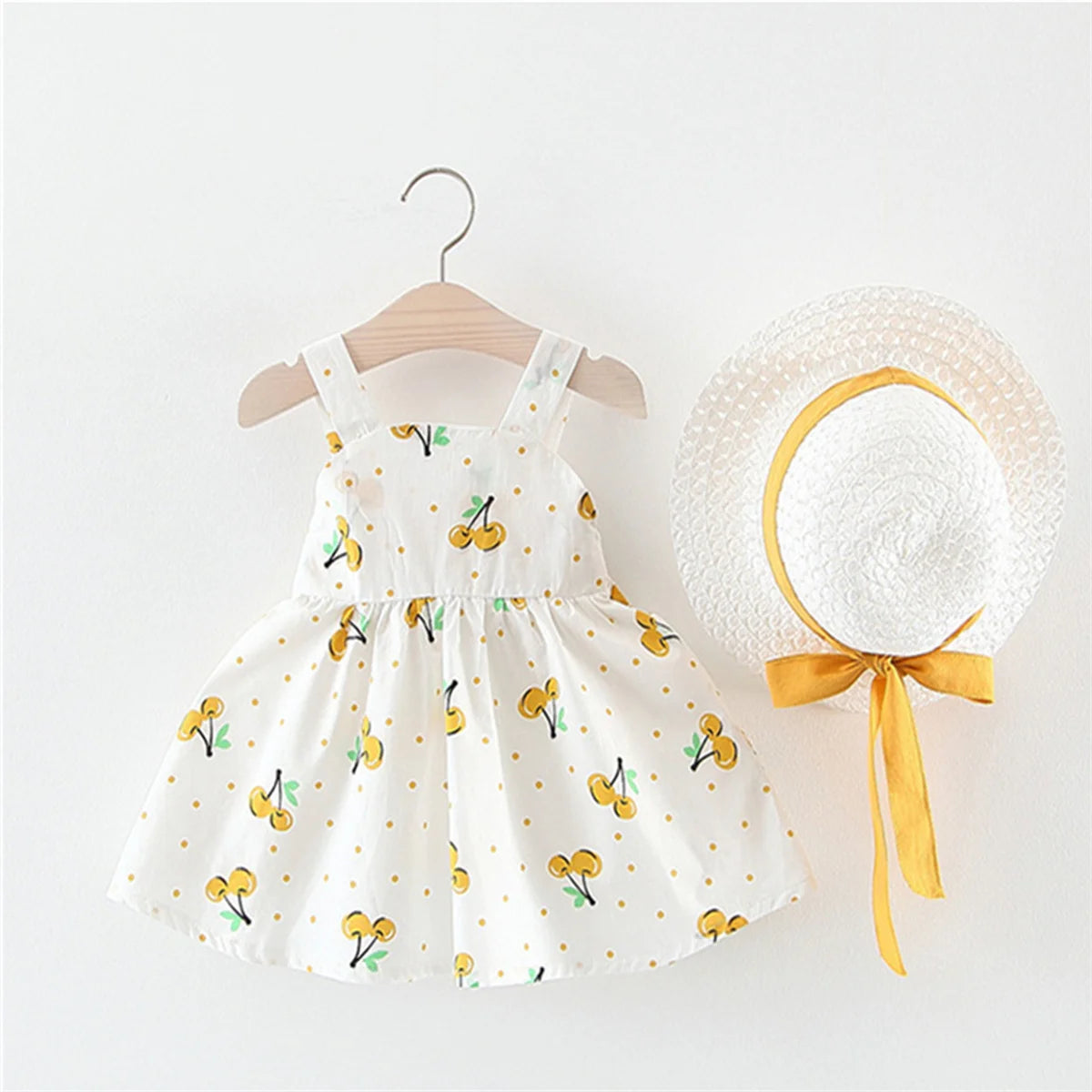 Cherry Picnic Bow Sundress & Ribbon Sun Hat Set for Baby Girls