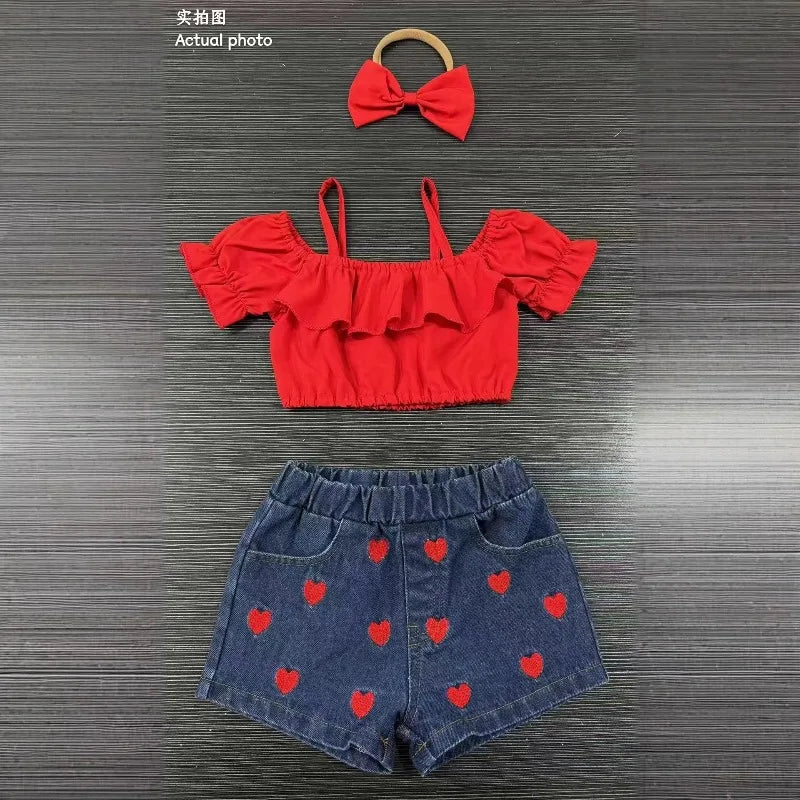 Heart & Ruffle Girls’ Summer Top and Denim Shorts Set