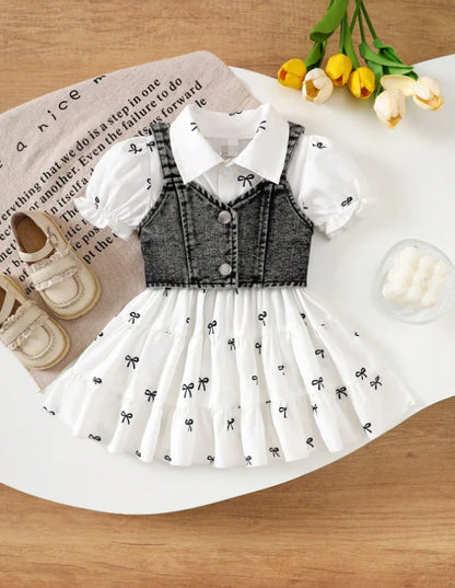 Bow-Print Tiered Dress & Cropped Denim-Look Vest Set for Baby Girls