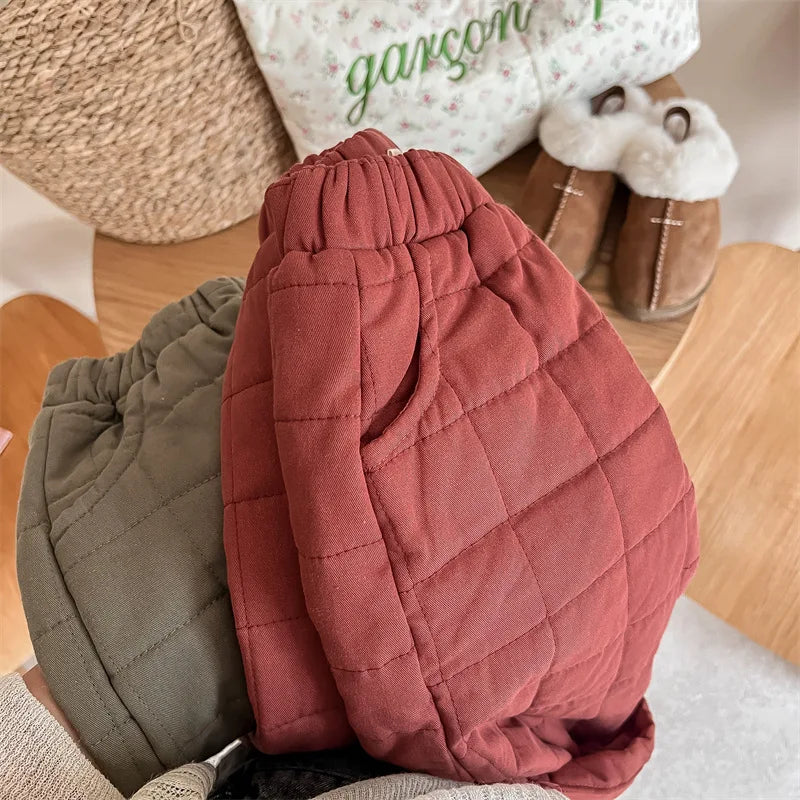Grid-Quilted Loose Fit Winter Pants for Kids