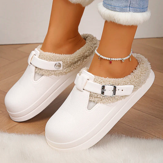 Faux Fur-Lined Buckle Clog Slippers for Girls
