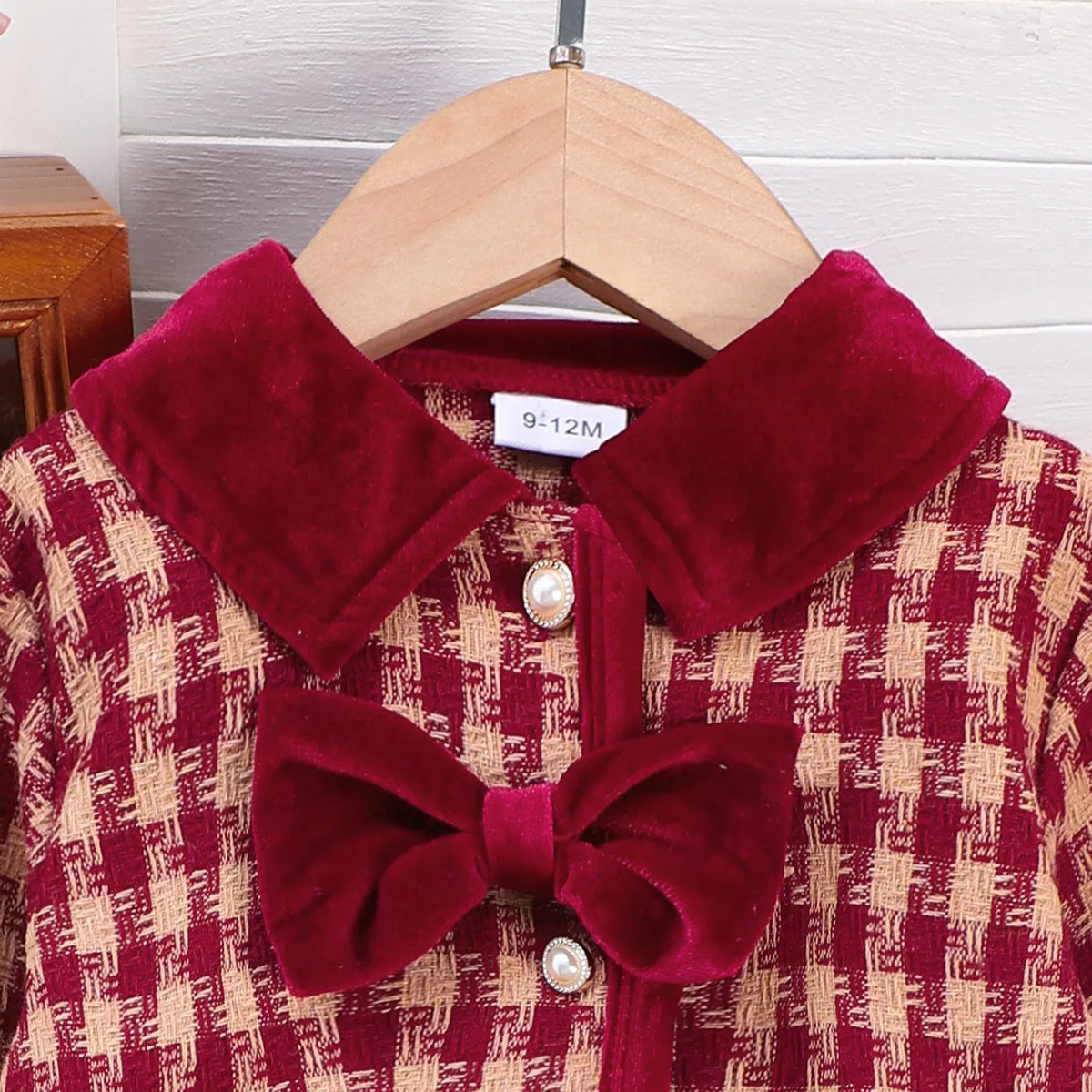 Burgundy Plaid Bow Jacket & Pleated Skirt Set for Girls