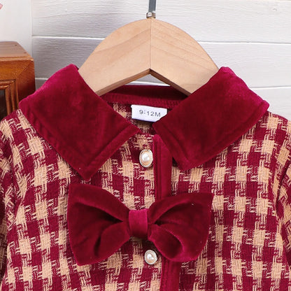 Burgundy Plaid Bow Jacket & Pleated Skirt Set for Girls