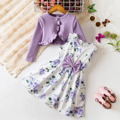 Floral Bow Dress & Ruffle-Trim Cardigan Set for Girls