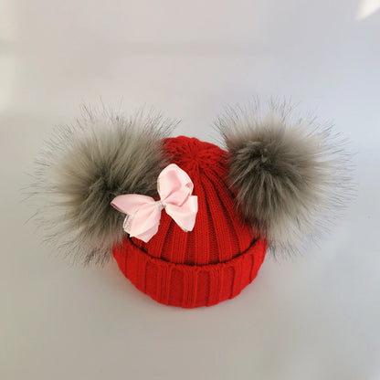 Double Pom Knit Beanie & Scarf Set with Bow