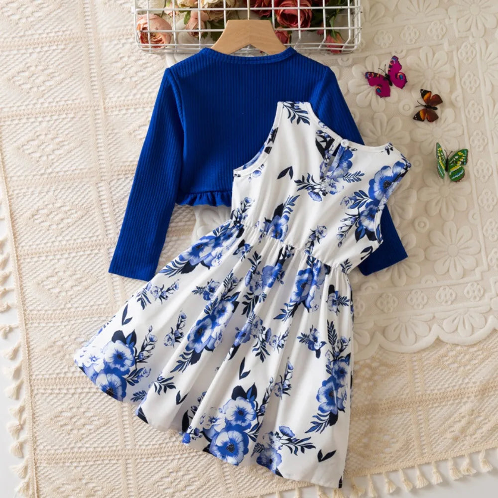 Floral Bow Dress & Ruffle-Trim Cardigan Set for Girls