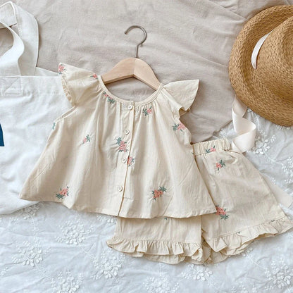 Embroidered Floral Flutter-Sleeve Top & Ruffle Shorts Set for Girls