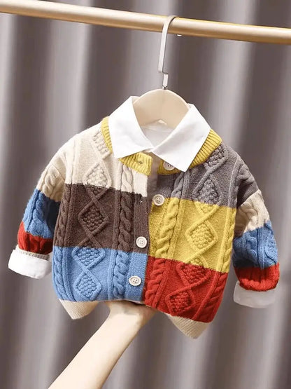 Colorblock Cable Knit Button-Up Cardigan for Kids