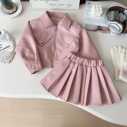 Faux Leather Moto Jacket & Pleated Skirt Set for Girls