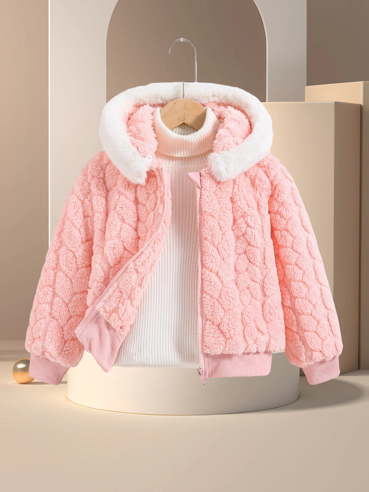Plush Cable-Texture Hooded Winter Jacket for Girls