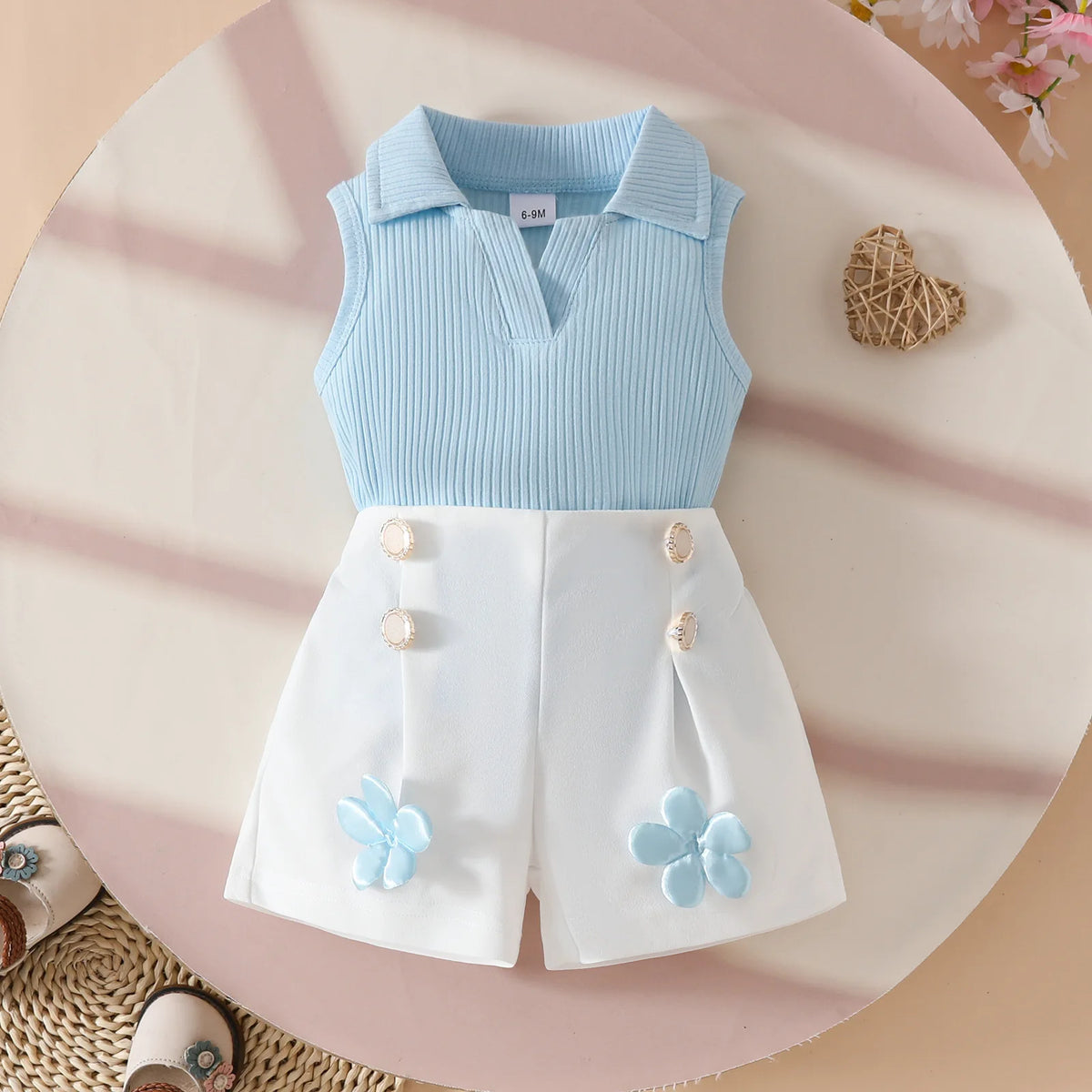 Floral Appliqué Ribbed Top & Pleated Shorts Set for Girls