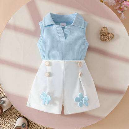 Floral Appliqué Ribbed Top & Pleated Shorts Set for Girls