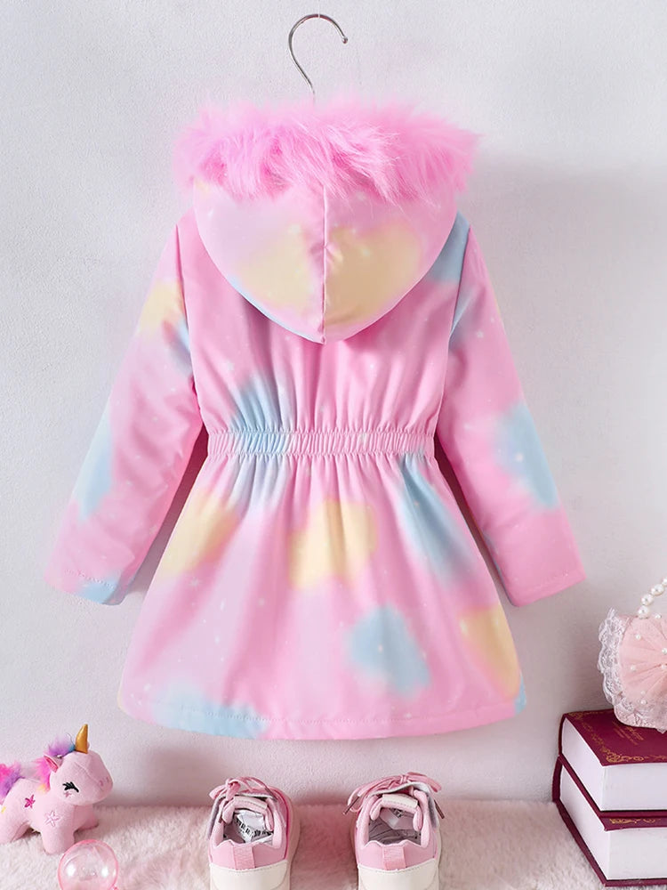 Little Girls' Fur-Trimmed Unicorn Parka Jacket – Plush-Lined Zip-Up Hooded Coat for Fall & Spring (4–7 years)